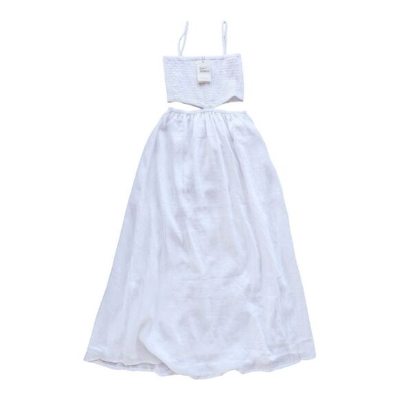 Faithfull the Brand Linen Smocked Tayari Midi Beachy Dress Women's 8 White NWT - Picture 9 of 16